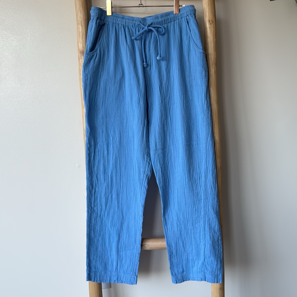 Lilla P. Straight Leg Cotton Gauzy Cobalt Blue Drawstring Pull On Pants M